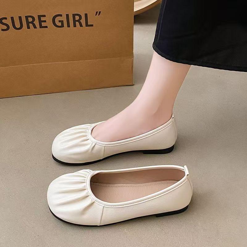 

New Four Seasons Mary Jane pleated shallow mouth single shoes women s soft flats one-pedal shoes 40