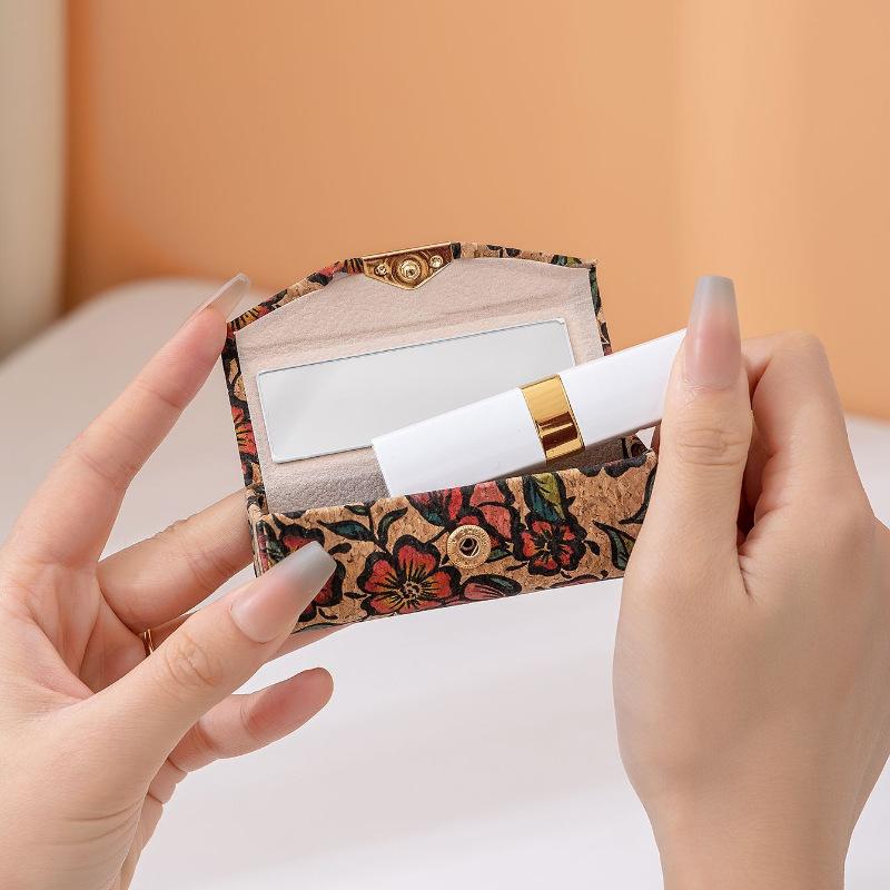 Retro-style Cork Lipstick Storage Box, Touch-up Mirror, Portable Mirror Mini Makeup Bag, Dirt-resistant Makeup Box