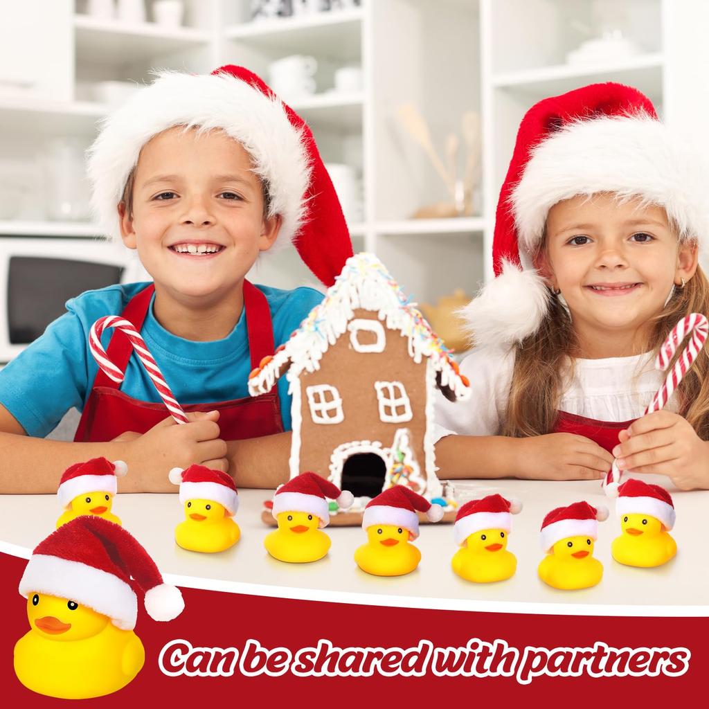 Rubber Ducks with Christmas Hats - Small, Yellow, Floating, Squeaky Bathtub Toys for Girls Boys Shower, Holiday, Xmas