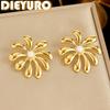 DIEYURO Gold Plated Stainless Steel Flower Inlay Pearl Stud Earrings for Women Floral Earrings Hypoallergenic Jewelry Gift