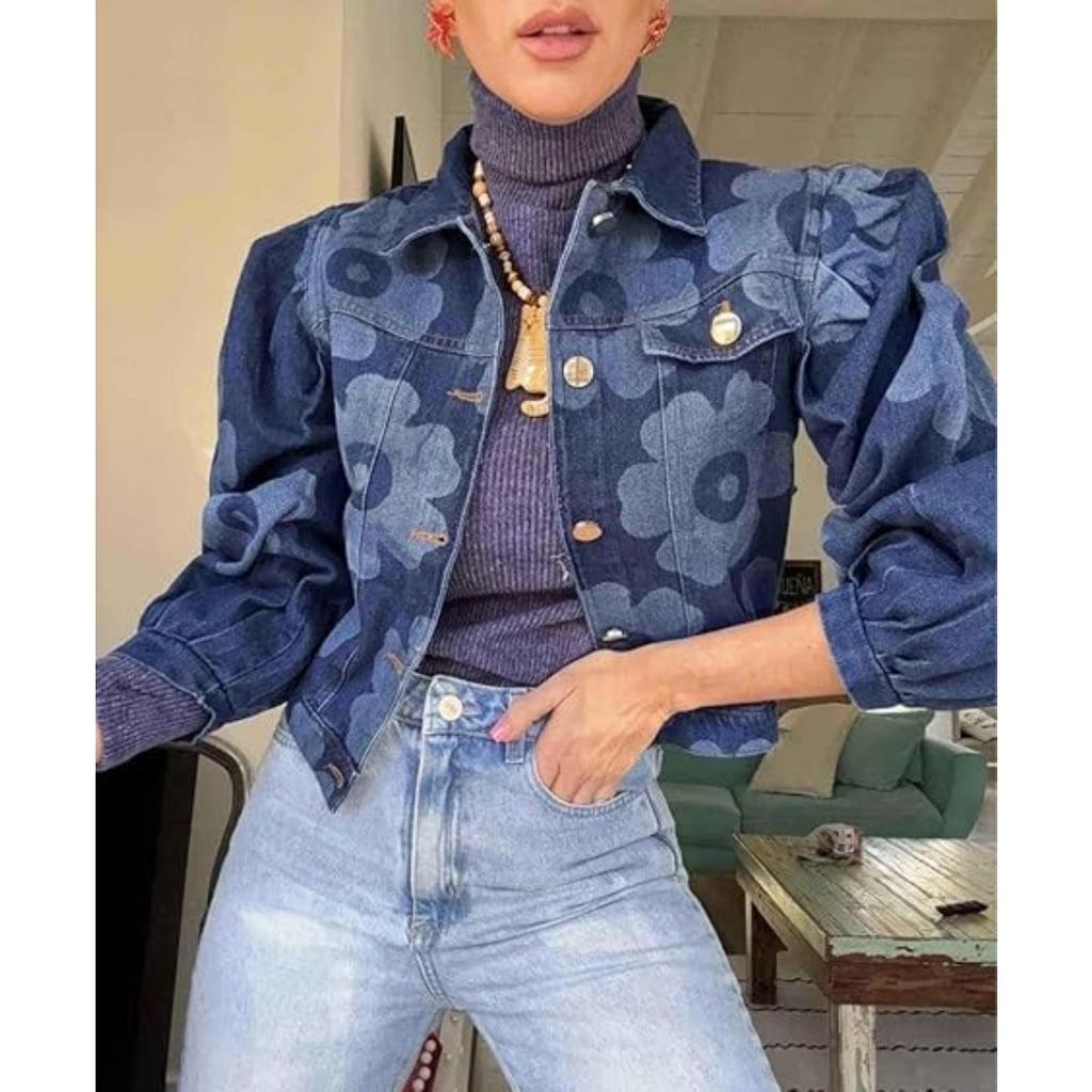 Women's Lapel Long Sleeve Cropped Denim Jacket Loose Fit Laser Floral Print Casual Jean Outerwear