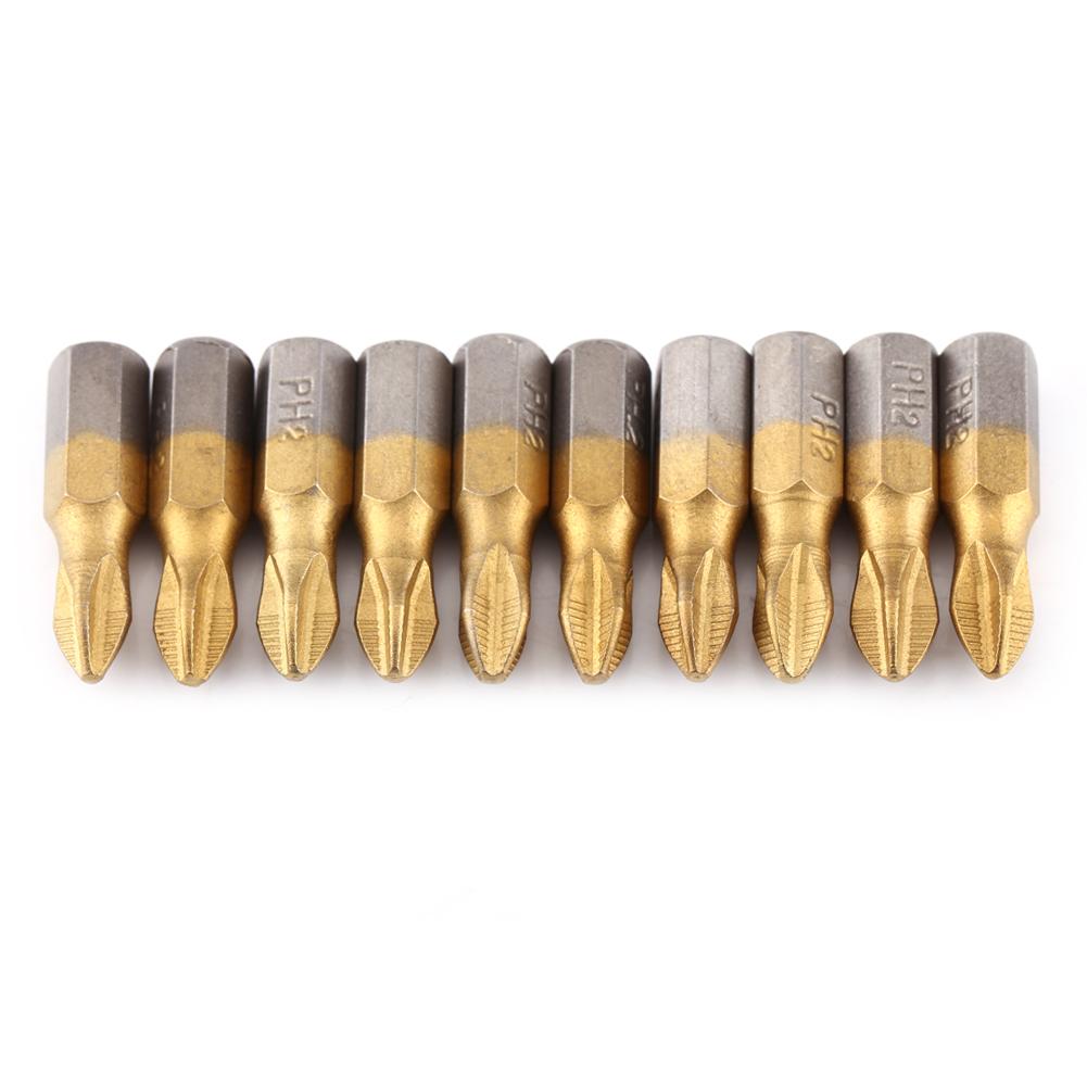10 Pcs Titanium Coated 1 4 Hex Shank 25mm Length PH2 Antislip Magnetic S2 Screwdriver Bits Set