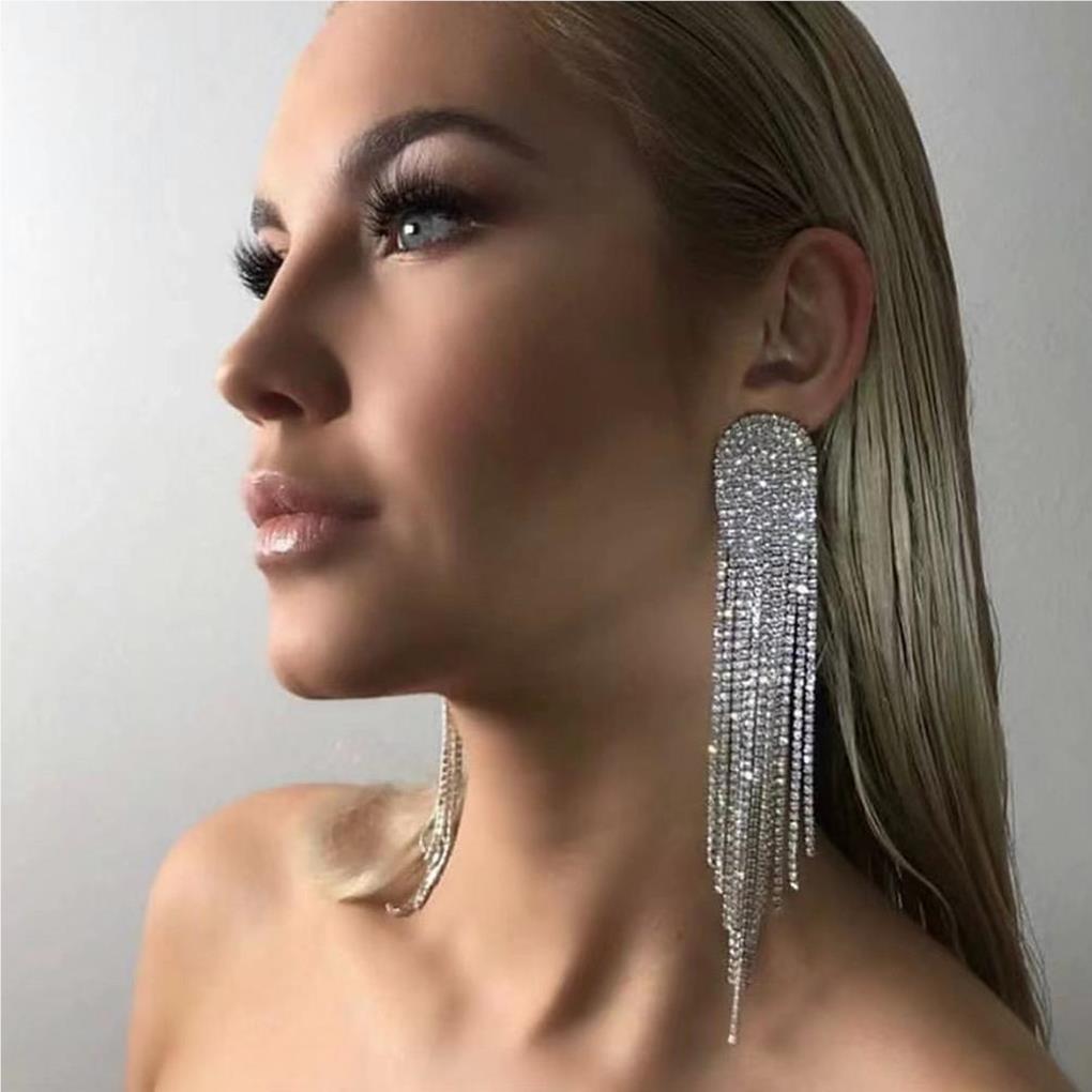 1 Pair Shiny Rhinestone Chandelier Tassel Earrings Long Ear Dangle Earring Geometric Shape Bridal Dangling Fringe Jewelry