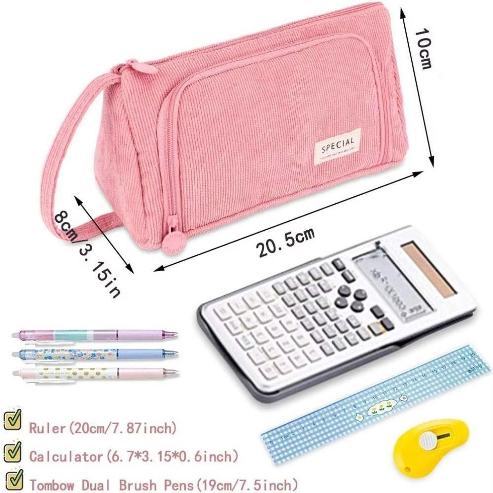 New Corduroy Pen Bag Large Capacity Double-layer Pencil Pouch Multifunctional Pen Box School Office