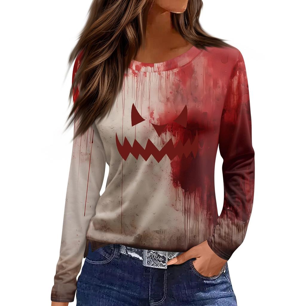 Women's Fashion Casual Slit Hem Round Neck Long Sleeve Loose Halloween Printed T-Shirt Ladies Top