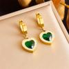 Gold Plated Green Heart Drop Earrings with Crystal Halo