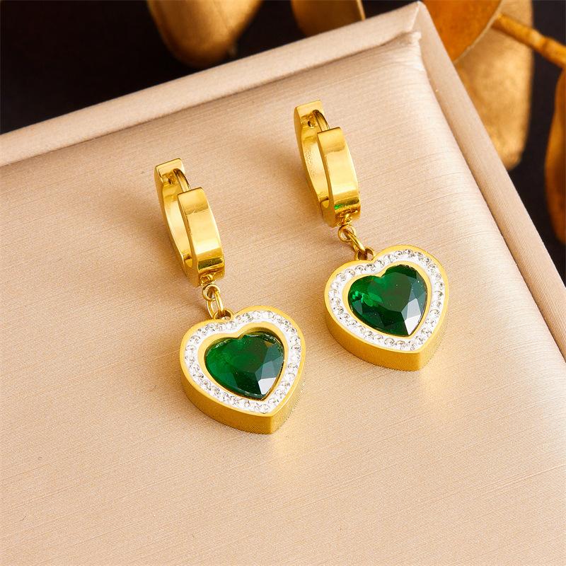Gold Plated Green Heart Drop Earrings with Crystal Halo
