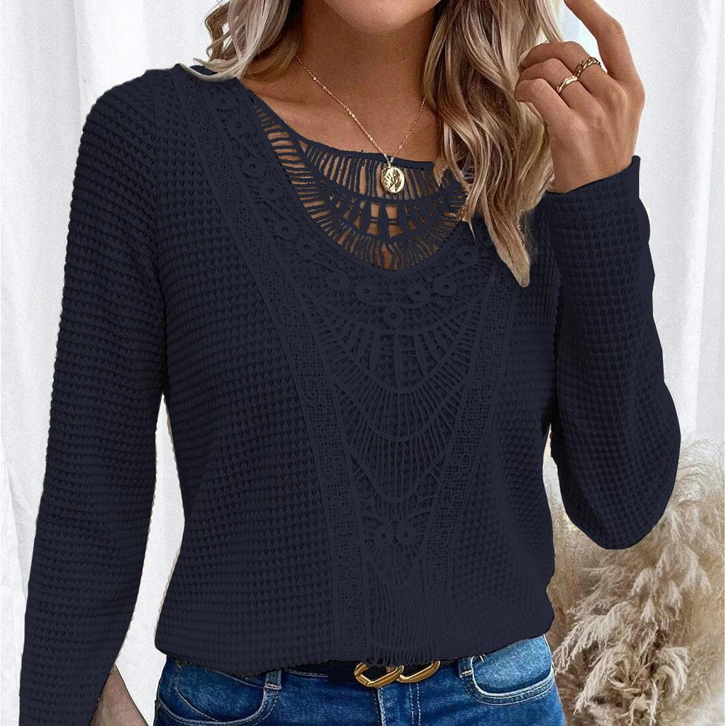 Women's 3XL Bottoming Shirt T-shirt Spring and Autumn Casual Solid Color Lace Stitching Round Neck Long-sleeved T-shirt
