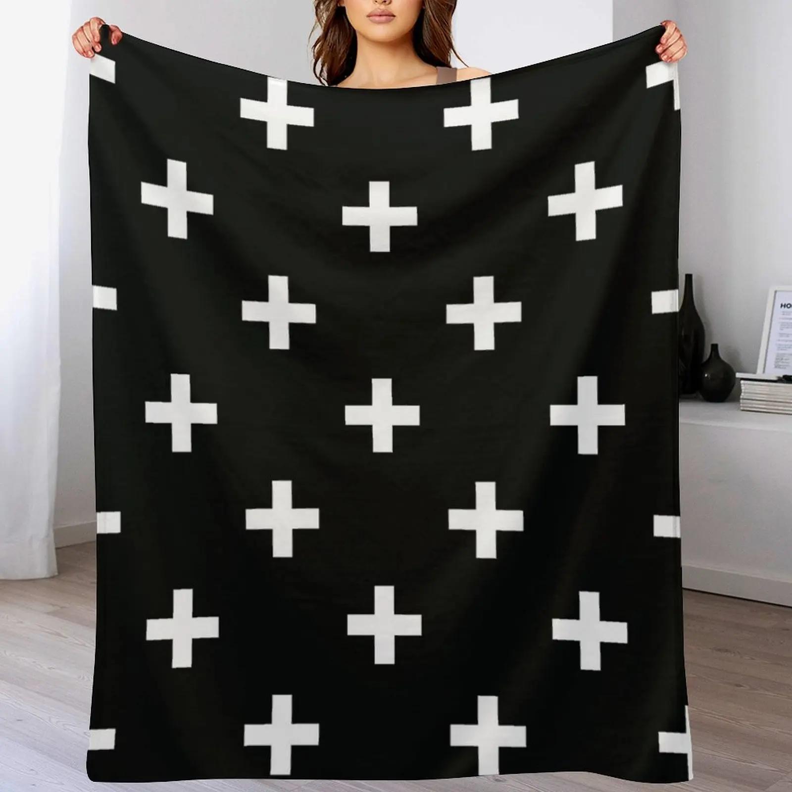

Black and White Swiss Cross Pattern Throw Blanket Cozy Warm Blanket for Bed Room Decor 102x76cm(40x30in)