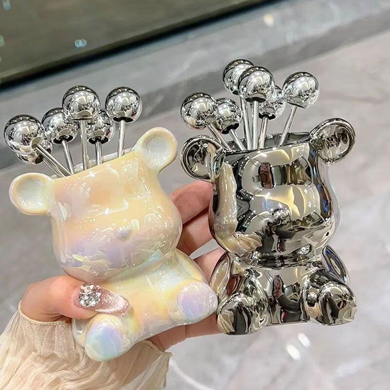 Zhaoran Light Luxury Stainless Steel Fruit Fork Set with Ceramic Bear Holder