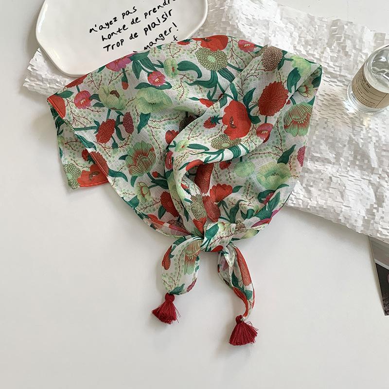 Women's silk scarf square scarf high-end neck protection scarf small fresh decorative floral headscarf hair band fringed hair accessories