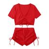 Solid Color Swimsuit Stylish Women's Summer Bikini Set with V-neck Top High Waist Drawstring Swimsuit 2 Piece Set for Beach