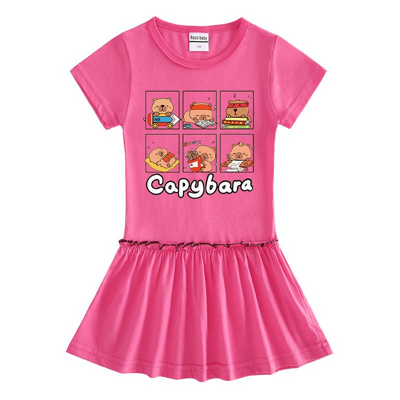 Girls' Summer Cartoon Pleated Ruffle Dress with Raglan Short Sleeves