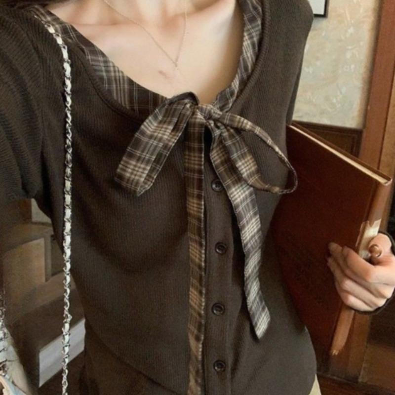 Bow Design Women's Cardigan Korean Style V-neck Spliced Lace Up Single Breasted Famale Sweater Autumn Fashionable Loose Comfortable Ladies Top