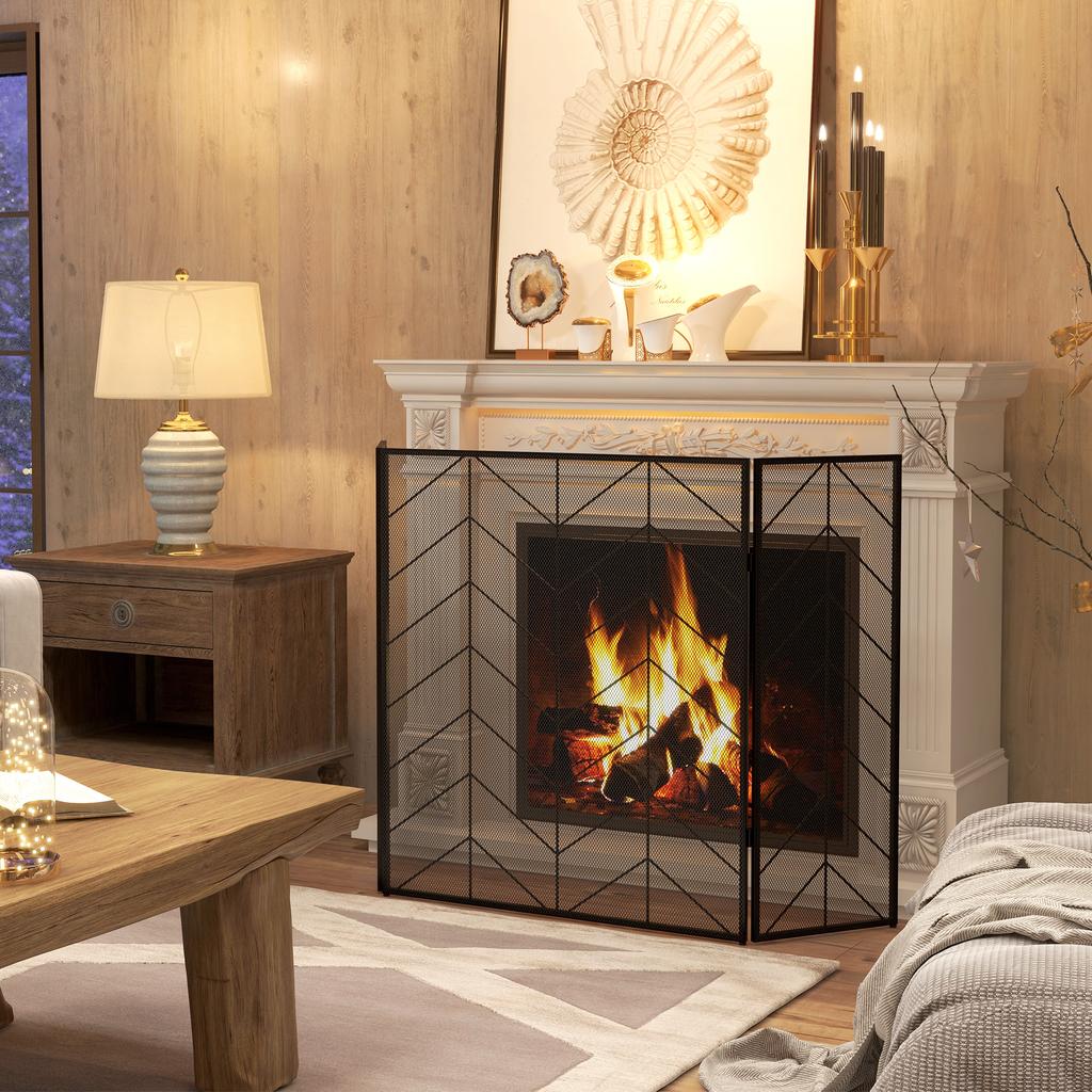 Spark Guard for Fireplaces, Elegant Spark Catcher, Foldable, Coated, Black, 135 x 85 cm