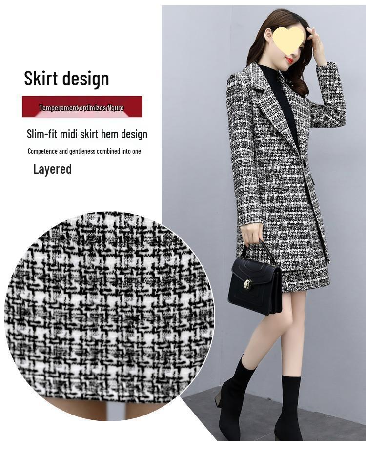 Koreanischer Stil Damen Wollmantel & Kleid Set: Herbst/Winter Karierter Zweiteiler Mode 2025