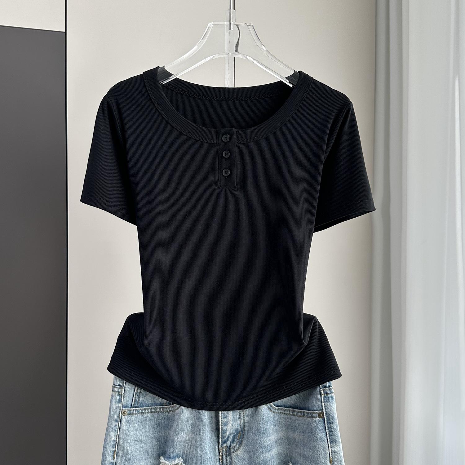 

Ribbed Button Round Neck Short Sleeve Tee Modal Slim Base Top For Spring Summer Versatile Breathable Soft Material Flattering Slim Women Top M