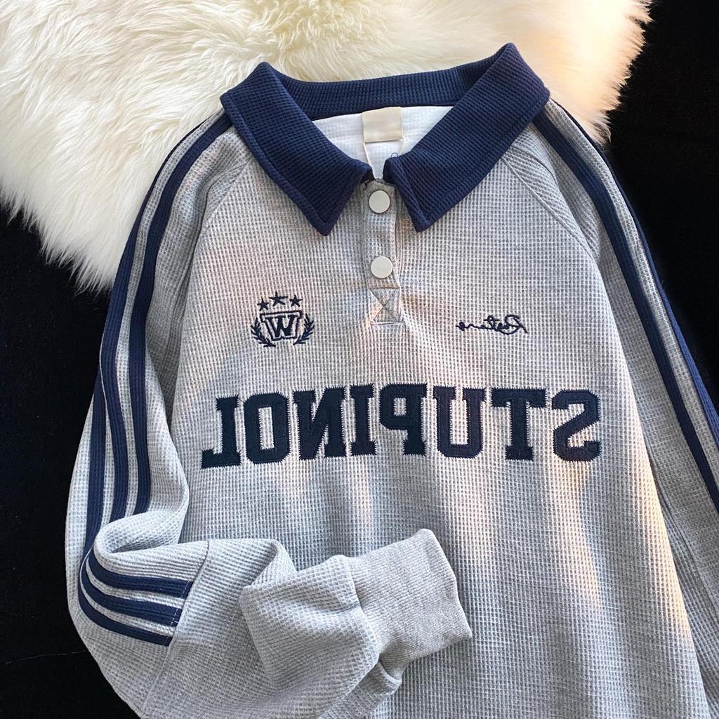 Women's American Retro Polo Collar Sweatshirt - 2025 Spring/Autumn Hip Hop Loose Jacket