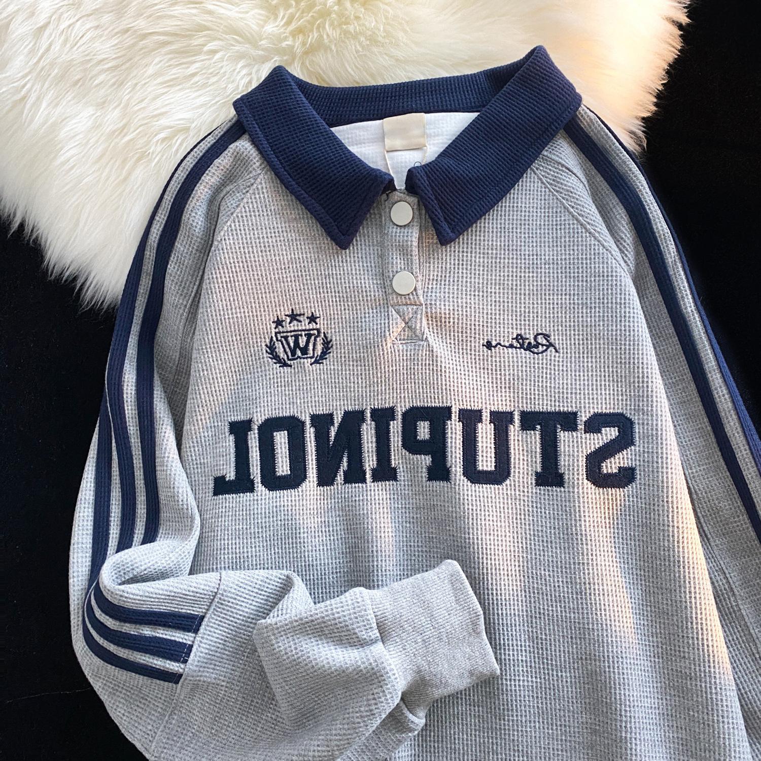 

Retro Polo Collar Sweatshirt for Women - 2025 Spring/Autumn High Street Hip Hop Style, Trendy Loose Jacket for Couples. 2XL [Recommended 150-180 lbs]