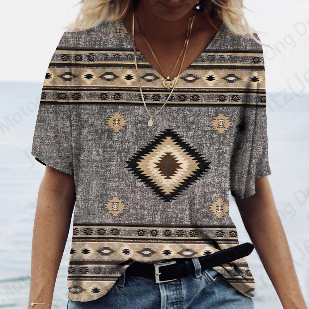 Women's T Shirt Vintage 3d Print T-shirt Women Fashion Casual V-Neck Short Sleeve Tops Tees Ethnic T Shirt Geometric Camisetas