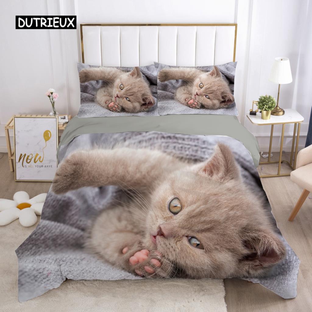 Cat Duvet Cover Set Lovely Animal Kitten Printed Quilt Cover Kids Teens Girl Animal Double Queen King Size Polyester Bedding Set