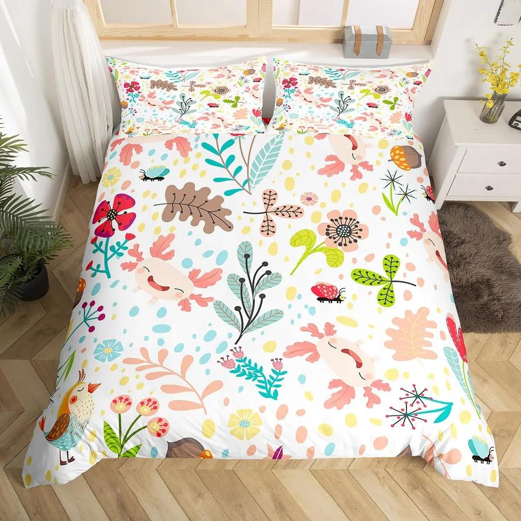 Comforter Cartoon Lion Kids Jungle Botanical Comforter Floral Zoo Animal Bedding Set Woodland Leaves Flowers