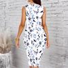 Women Plus Size Sleeveless Round Neck Midi Bodycon Dress White Base Red Rose Floral Print Slim Fitted Dress