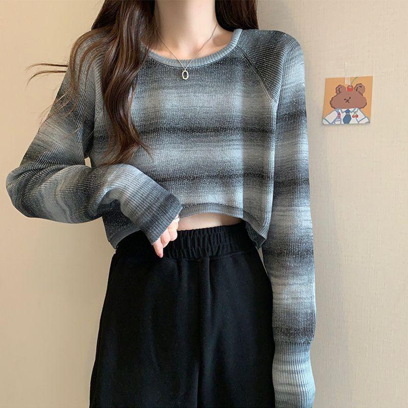 French Retro Designed Striped Knit Top Women's Spring Autumn Irregular Loose Short Long Sleeve Top