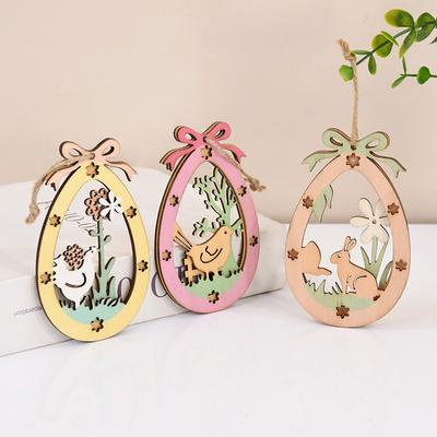 3Pcs Easter Wooden Eggs Hanging Ornament Cute Bunny Carrot Pendants with Rope 2026 Easter Home Decoration Kids Party Gift Toys
