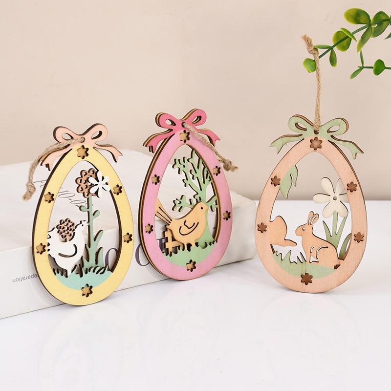 3Pcs Easter Cute Bunny Eggs Wooden Ornament Hanging Pendants with Rope 2025 Easter Home Decoration Kids Party Toy Gift Favors