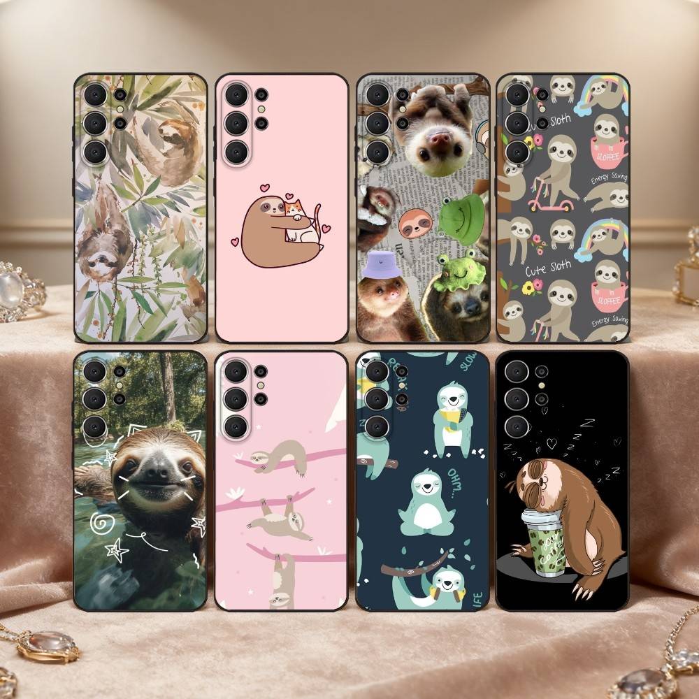 Cute Lazy Sloth Cozy Phone Case For Samsung S26,S25,24,23,22,30,21,10,9,Ultra,Plus,Lite,FE Soft Black Case