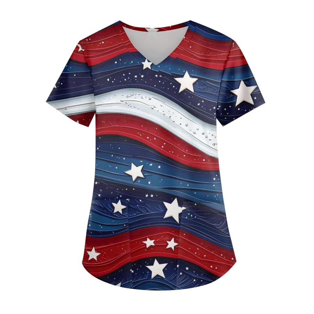 Ladies' Independence Day printed fashionable V-neck pocket short sleeved uniform and caregiver top