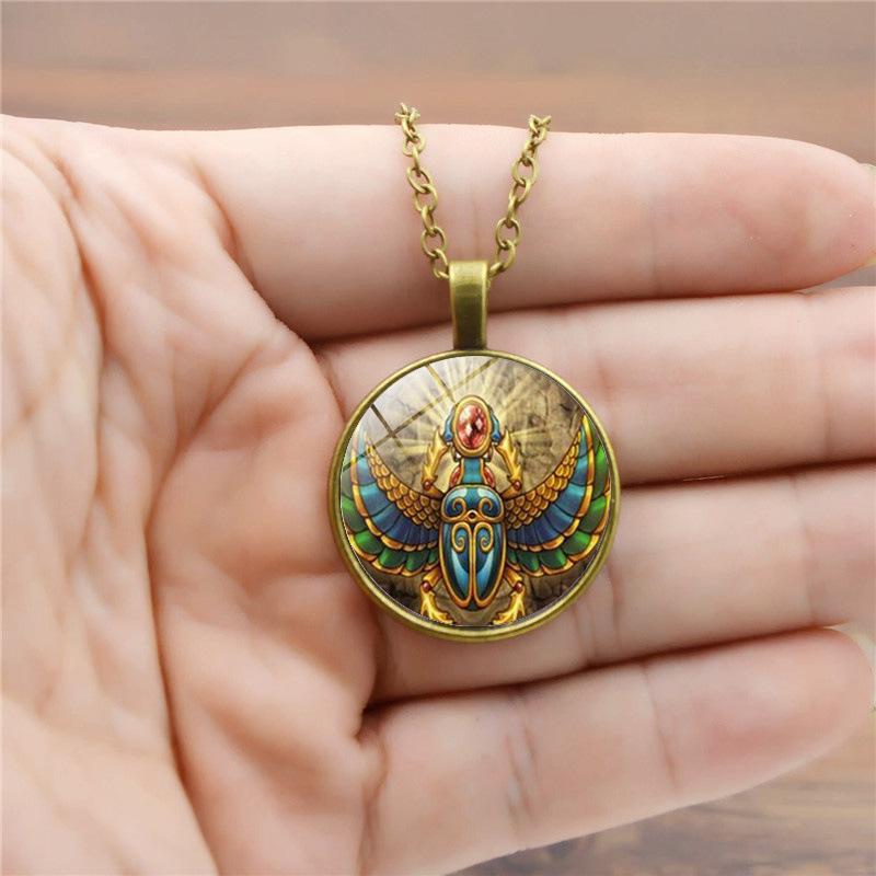 Ancient Egyptian Scarab Time Round Retro Color Wings Scarab Clavicle Chain Accessories Pendant Necklace