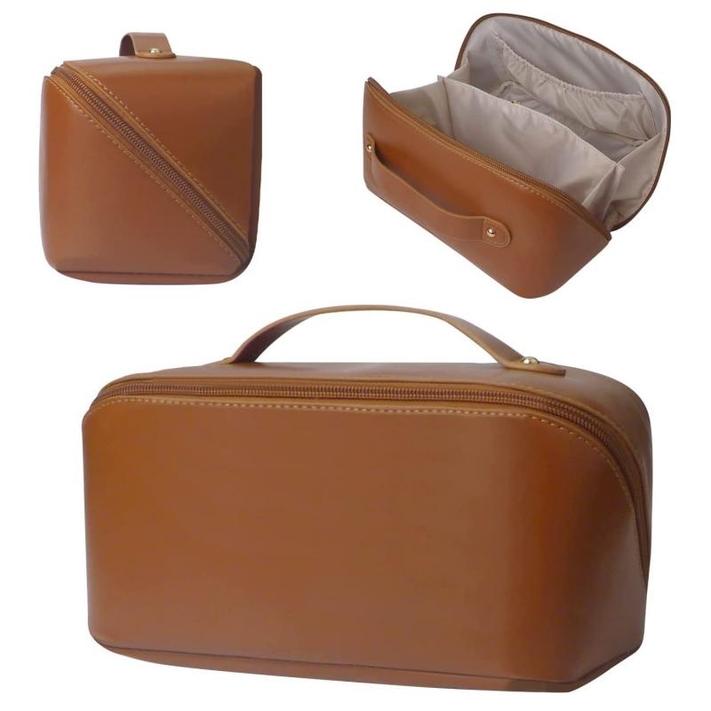 

Новинка 2023 года, женская косметичка большой емкости из искусственной кожи, портативная ручная дорожная сумка для стирки, сумка для хранения косметики, одноцветная косметичка коричневый