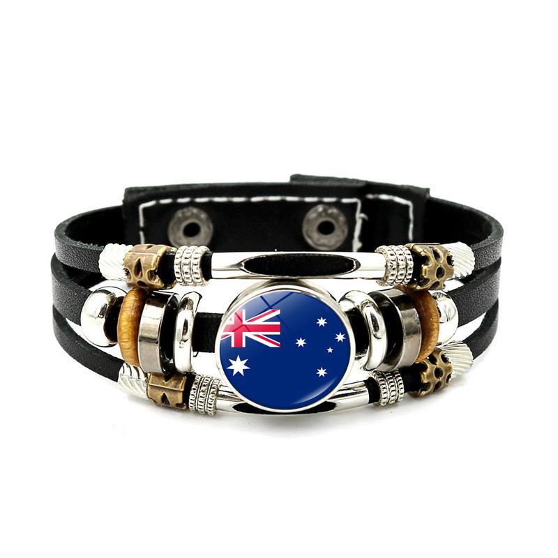 Factory National Country Flag Design Bracelet Crystal Bead Snap Button Sports National Team Jewelry Gift Leather Wrap Bracelet