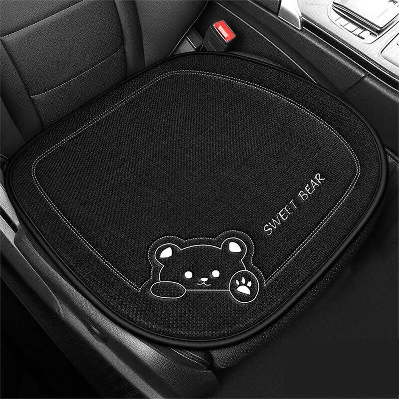 1pc Cartoon Bear Car Seat Cover Linen Anti-Slip Breathable Auto Single Pad Universal Car Square Seat Rear Seat Back Cushion 1-front seat cushion