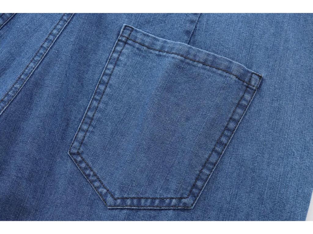 Women's Early Autumn Denim Set: Turn-Down Collar Tie-Waist Shirt & Draping Wide-Leg Pants