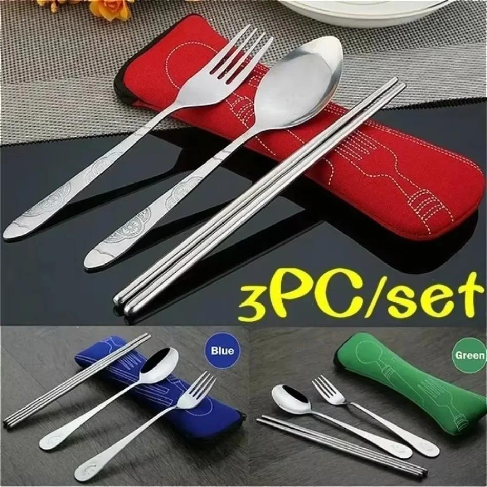 3 Pcs/Set Travel Stainless Steel Cutlery Set Storage Box Stainless Steel Outdoor Silverware Fork Spoon Chopsticks Kitchen Tools