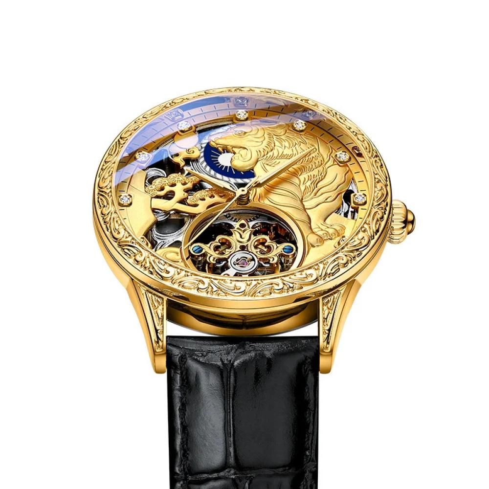 Chenxi Vintage-Armbanduhr mit Lederband, Luxus-Tourbillon, mechanische Uhr für Herren, wunderschöne, ausgehöhlte Skelettmuster, geschnitzte Automatikuhren