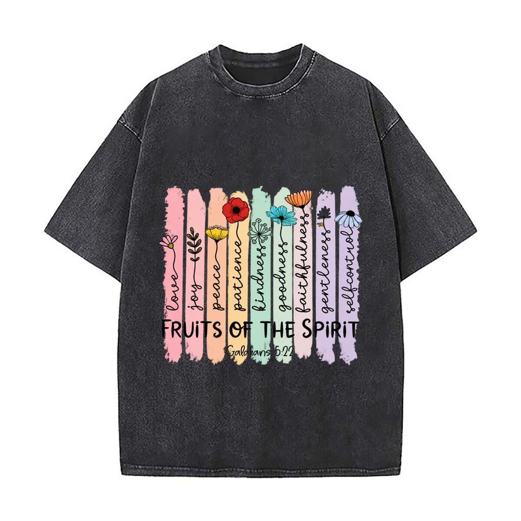 Fruits Of The Spirit Galatians 5 22 Floral Scripture Washed Vintage Short Sleeve Loose Streetwear Tee