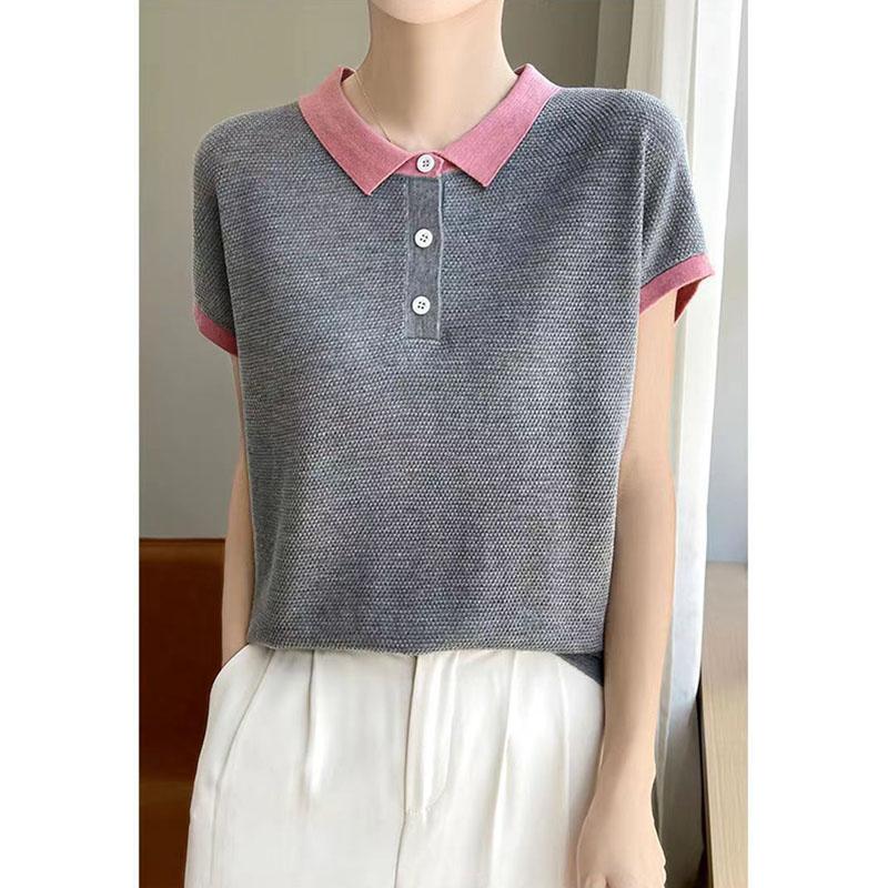Women's T-shirt Summer Fashion Age Reduction Lady T-shirt Temperament Korean Version POLO Collar Ladies Knitted Tops