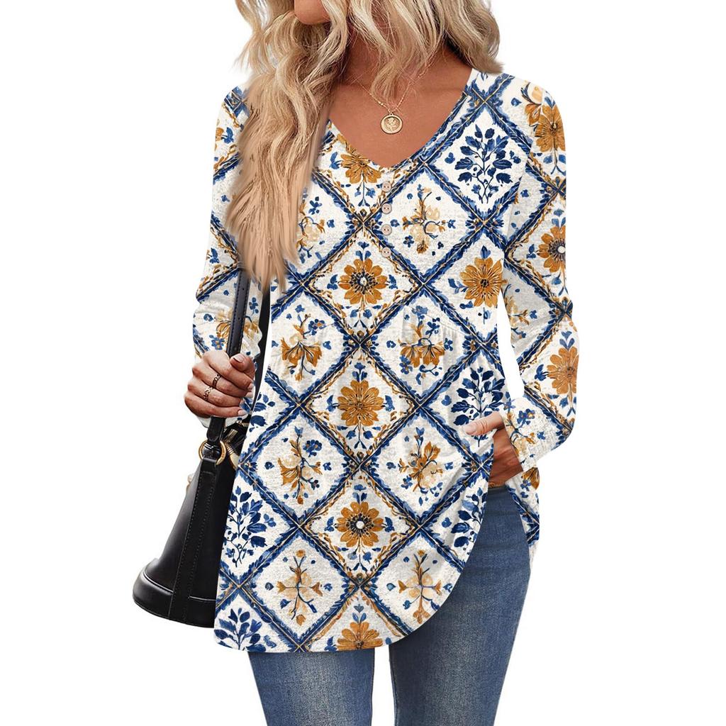 Camicia da donna casual a maniche lunghe a tinta unita da donna con scollo a V