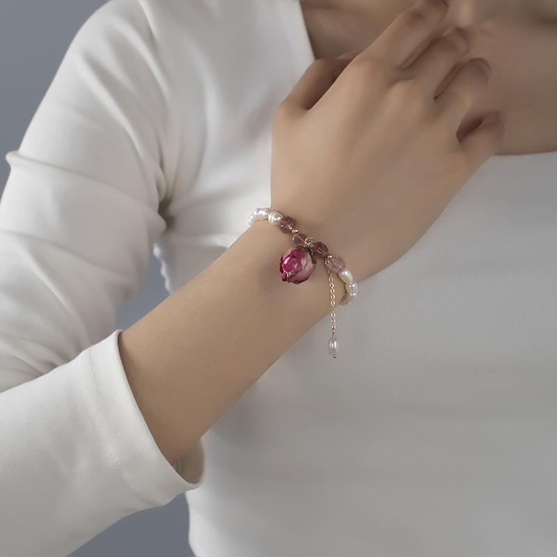 Elegantes frisches getrocknetes Rosenblüten-Armband mit natürlichen Süßwasserperlen, 14K Gold Filled, für Frauen, Muttertagsgeschenke
