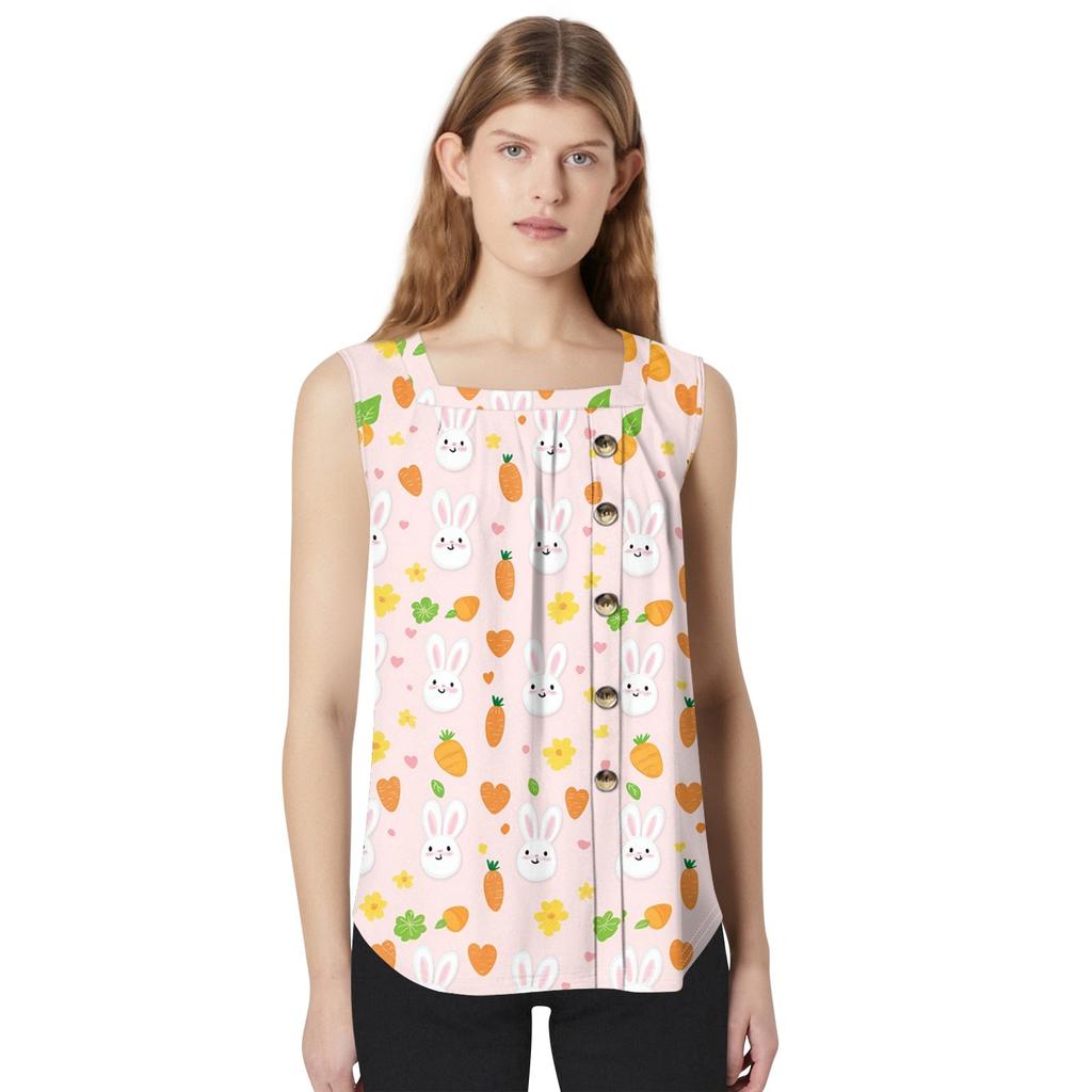 Moda damska Casual Podstawowy Plisowany Zwykły guzik Kwadratowy kołnierzyk Kamizelka bez rękawów Letnie podkoszulki z nadrukiem