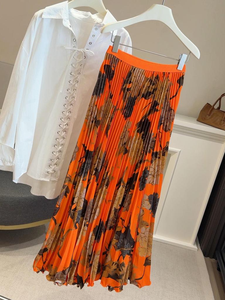 Women's High-End Retro Print Pleated A-Line Skirt for Spring and Summer