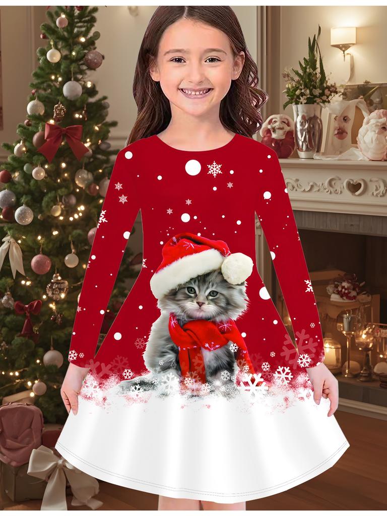 Girls' Autumn and Winter Fashion Dress, 3D Christmas Print  Round Neck Long Children's T-shirt Dress, Casual Versatile, Christmas Clothing