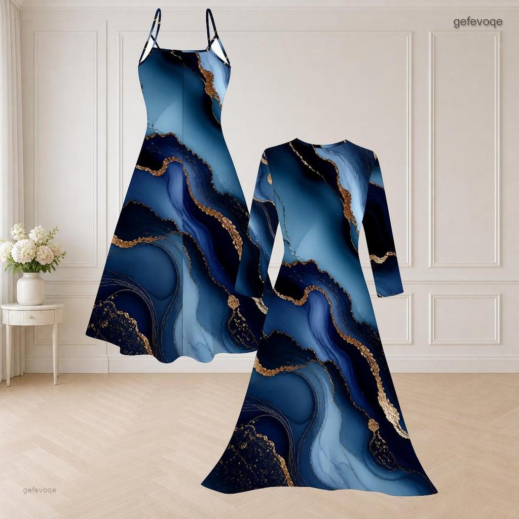 Women Plus Size Two Piece Outfit Spaghetti Strap V Neck Flared Dress Long Sleeve Open Front Blue Gold Printed Cardigan