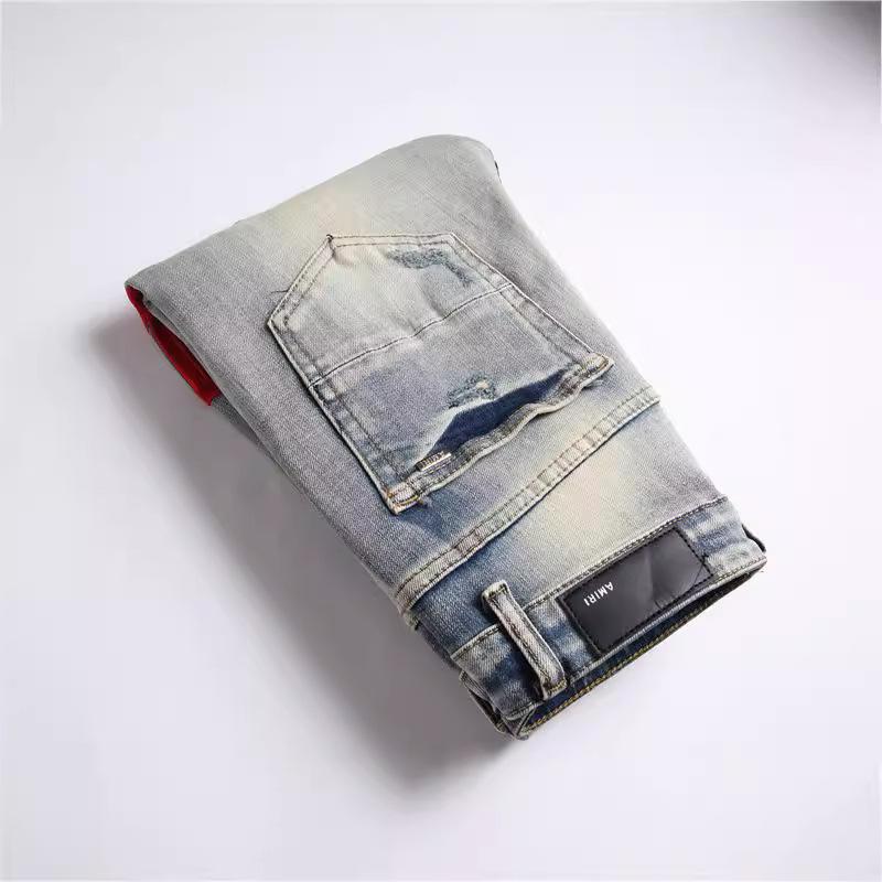 AM Jeans europeni retro pentru bărbați, ușor rupți, slim-fit, elastici 3835