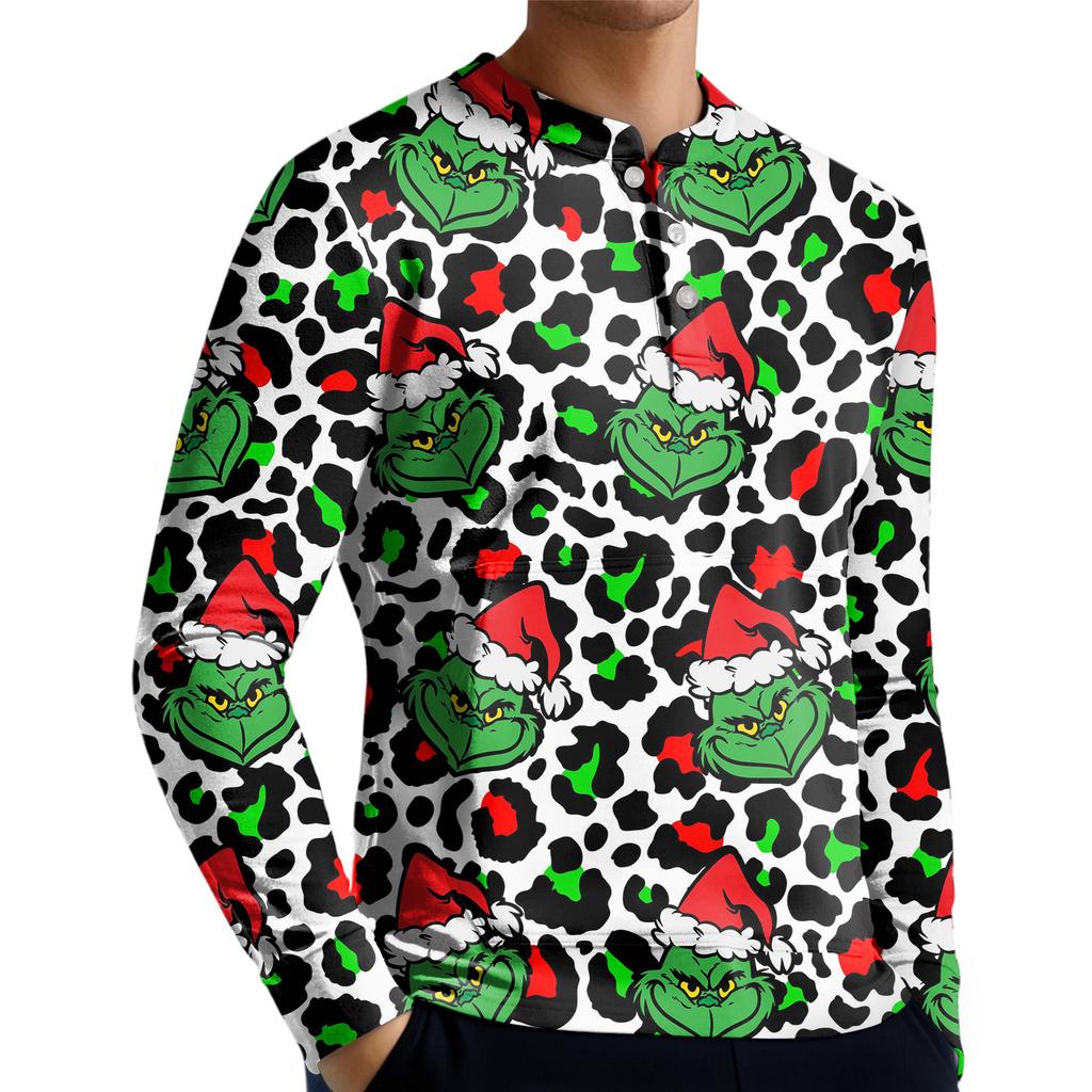 Pánská ležérní mikina na knoflíky, módní potištěná košile s dlouhým rukávem, pulovr