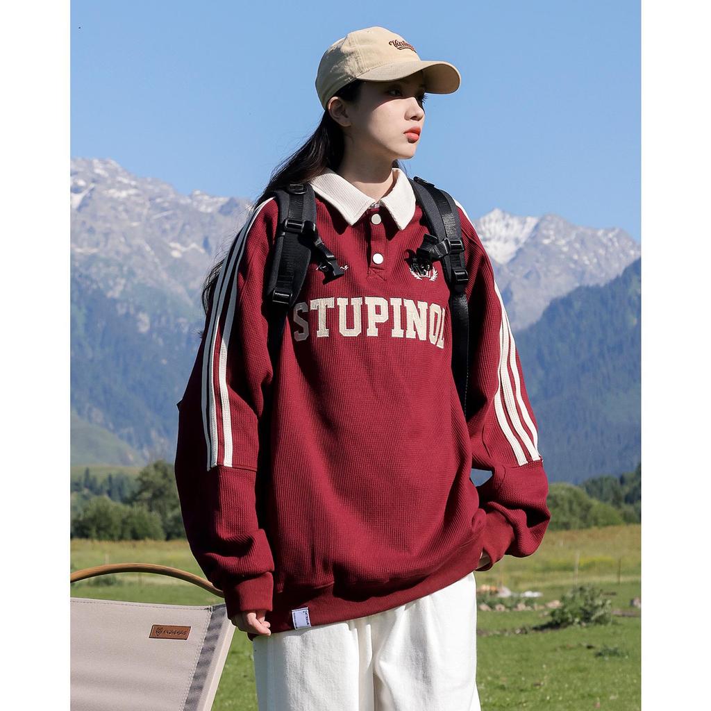 Women's Retro Striped Color Block Pullover Sweatshirt with Letter Embroidery - Casual College Style
